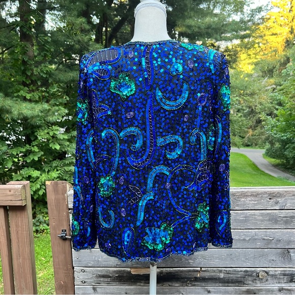 Vintage Laurence Kazar full Sequin and Beaded Blue and Green Silk Blazer Jacket - Picture 8 of 17
